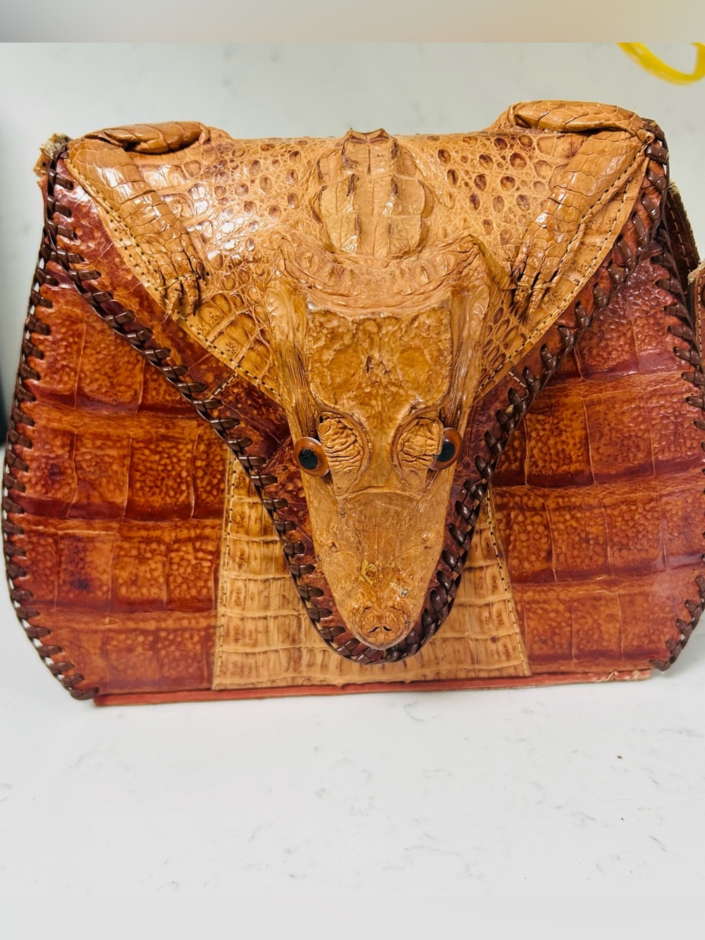 Exotic Croc-Embossed Leather Shoulder Bag in Brown-Tan